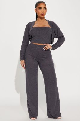 Gia 3 Piece Brushed Knit Pant Set - Charcoal sold by Fashion Nova