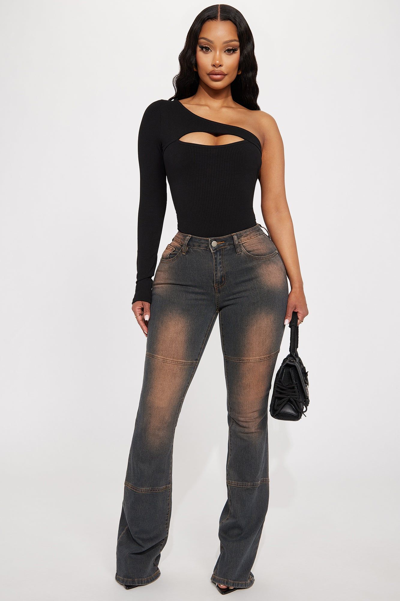 Okay Bestie Tinted Stretch Flare Jeans - Dark Wash sold by Fashion Nova