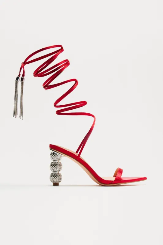 Best There Is Rhinestone Wrap Up Heels - Red sold by Fashion Nova