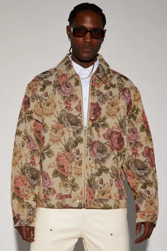 Bellevue Floral Tapestry Work Jacket - Taupe/combo sold by Fashion Nova
