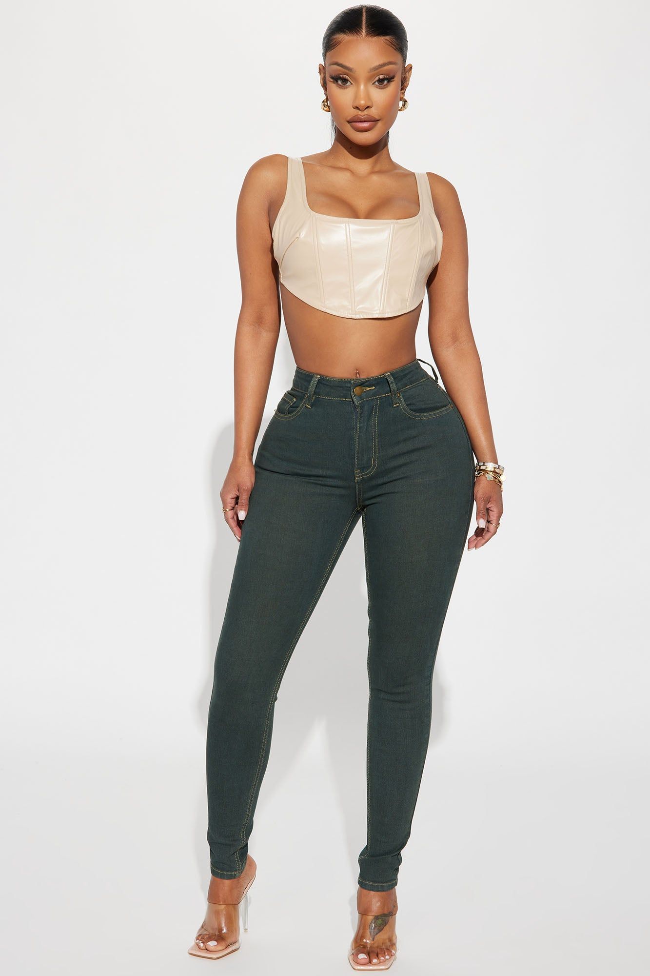 Baja Dark Green Curvy Stretch Skinny Jeans - Dark Wash sold by Fashion Nova