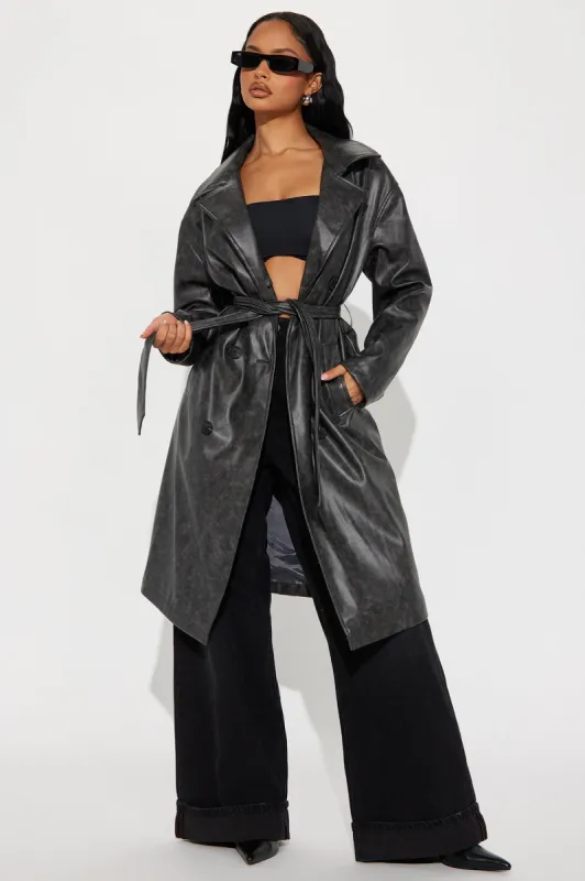 No Secrets Washed Faux Leather Trench - Charcoal sold by Fashion Nova