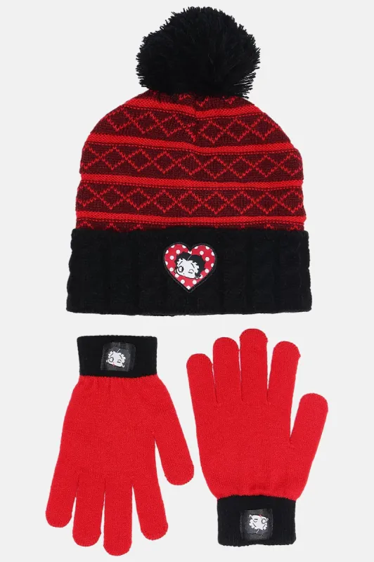 Mini Betty Boop Pom Pom Beanie And Glove Set - Red sold by Fashion Nova