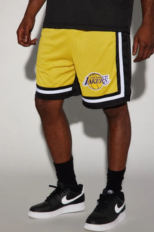 Lakers Behind The Back Mesh Shorts - Black/Yellow sold by Fashion Nova
