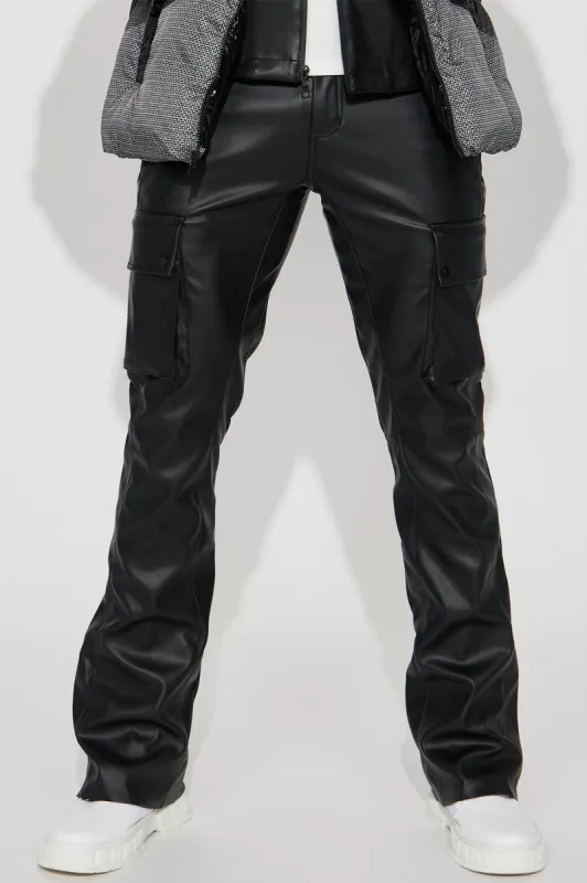 Finest Faux Leather Cargo Flare Pants - Black sold by Fashion Nova