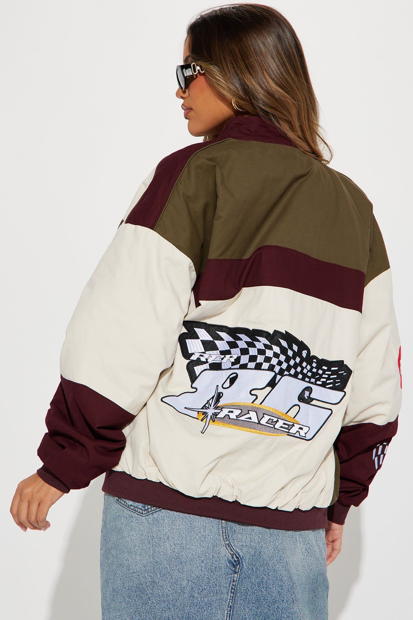 Raceway Oversize Bomber Jacket - Olive/combo sold by Fashion Nova product image thumbnail 4