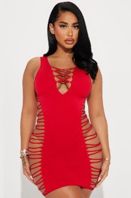 Side By Side Strappy Bodystocking Dress - Red sold by Fashion Nova