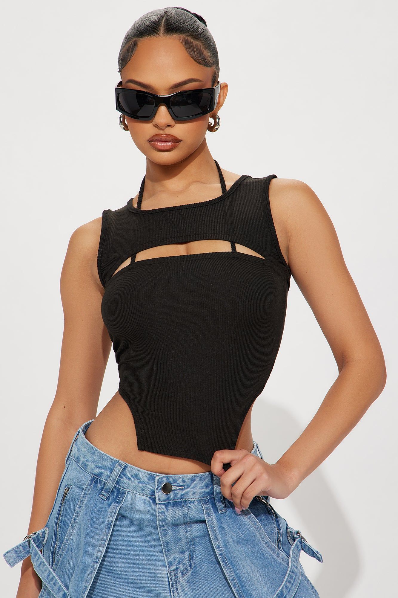 Aubrey Cut Out Ribbed Top - Black sold by Fashion Nova