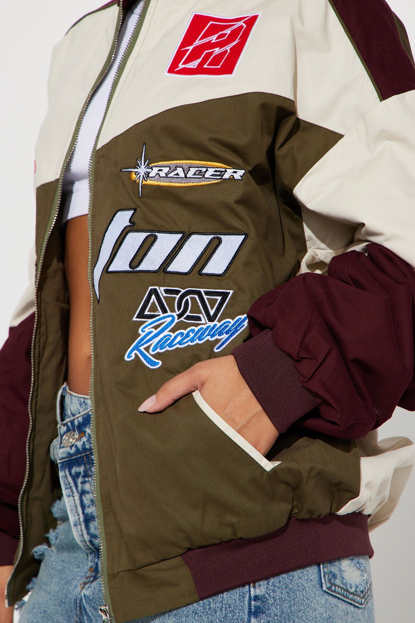 Raceway Oversize Bomber Jacket - Olive/combo sold by Fashion Nova product image thumbnail 3