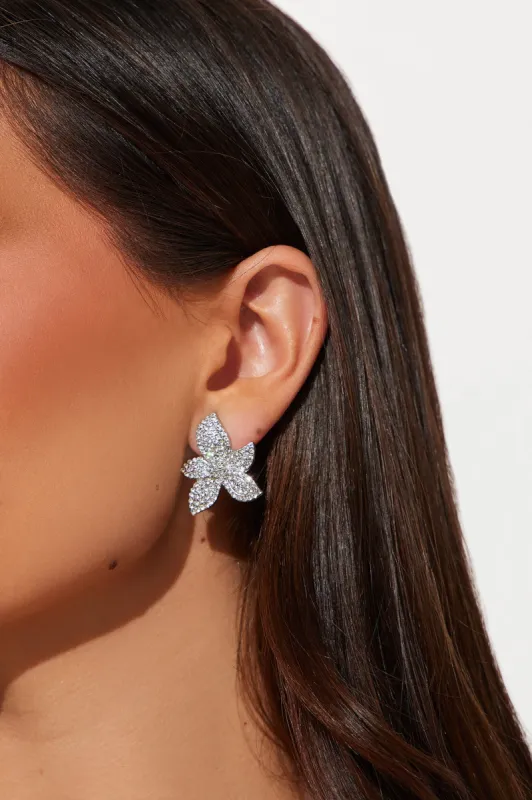 Rhinestone Floral Earrings - Silver sold by Fashion Nova
