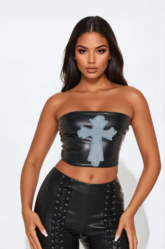 Cross Your Mind Faux Leather Top - Black/combo sold by Fashion Nova