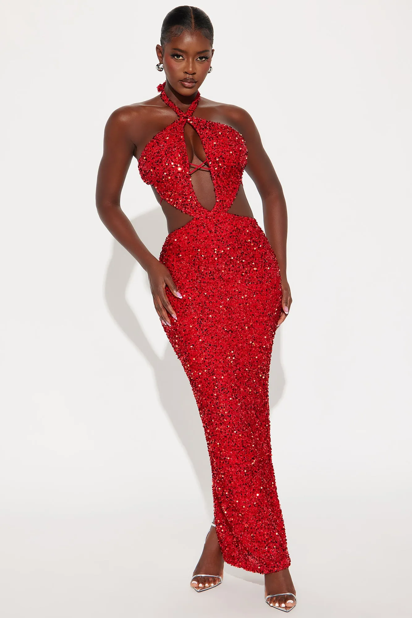 Jenna Cut Out Sequin Maxi Dress - Red sold by Fashion Nova