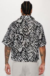 Zuma Mesh Cropped Button Up Shirt - Black/combo sold by Fashion Nova