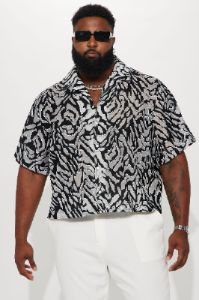 Zuma Mesh Cropped Button Up Shirt - Black/combo sold by Fashion Nova