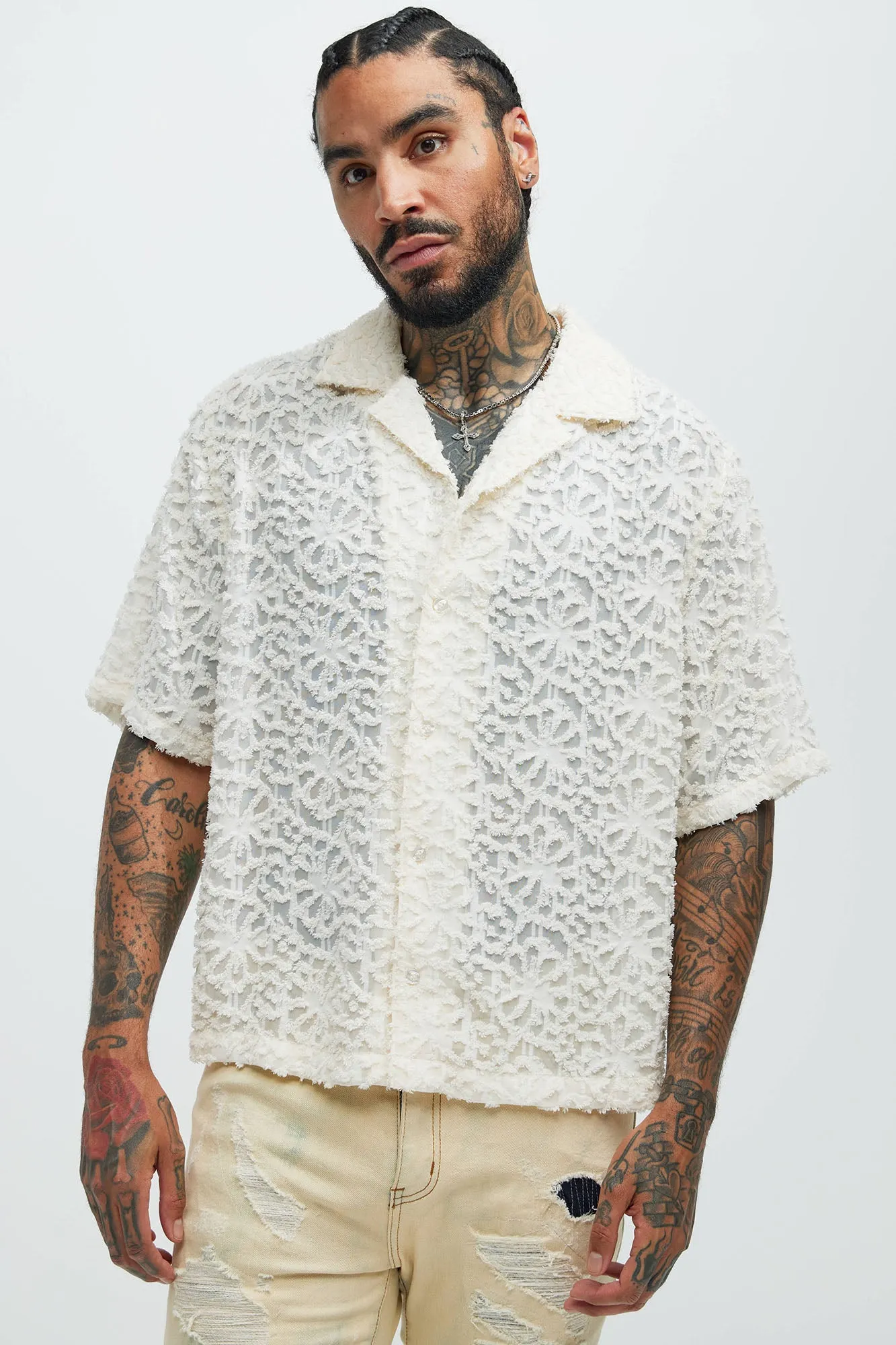 Astoria Jacquard Fray Shirt - Off White sold by Fashion Nova