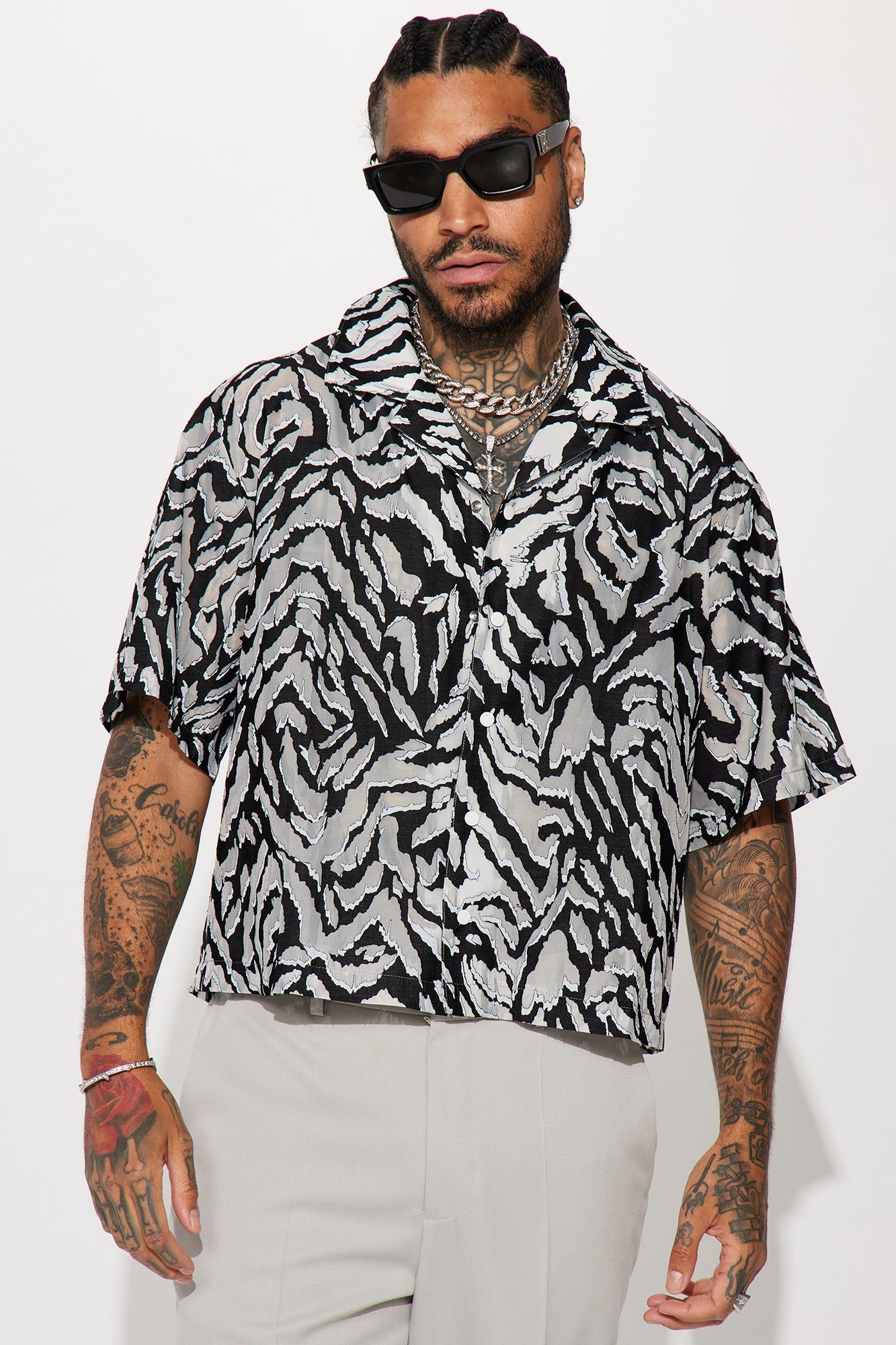 Zuma Mesh Cropped Button Up Shirt - Black/combo sold by Fashion Nova