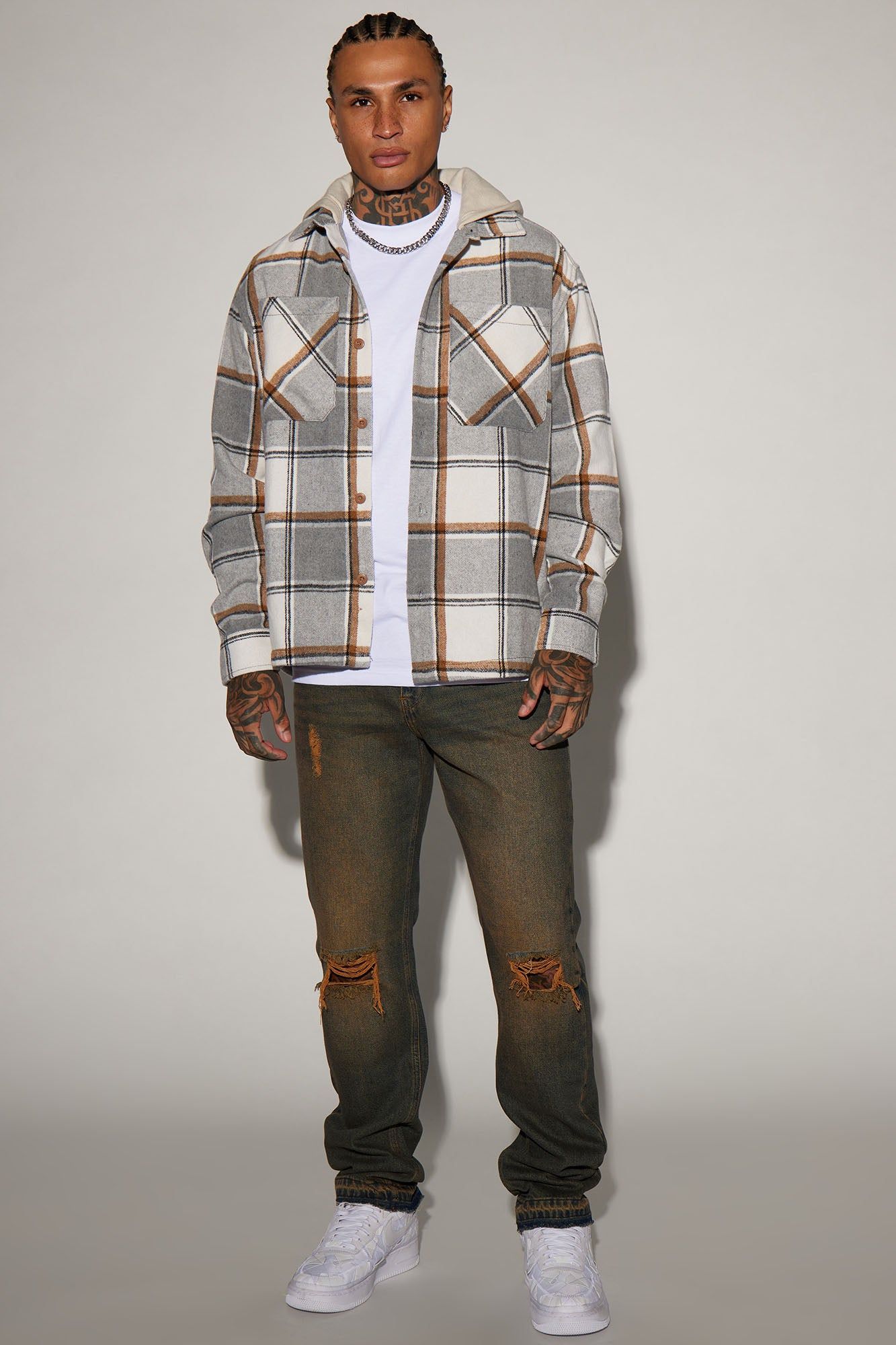 Take It Hooded Flannel Shacket - Grey/combo sold by Fashion Nova product image thumbnail 2