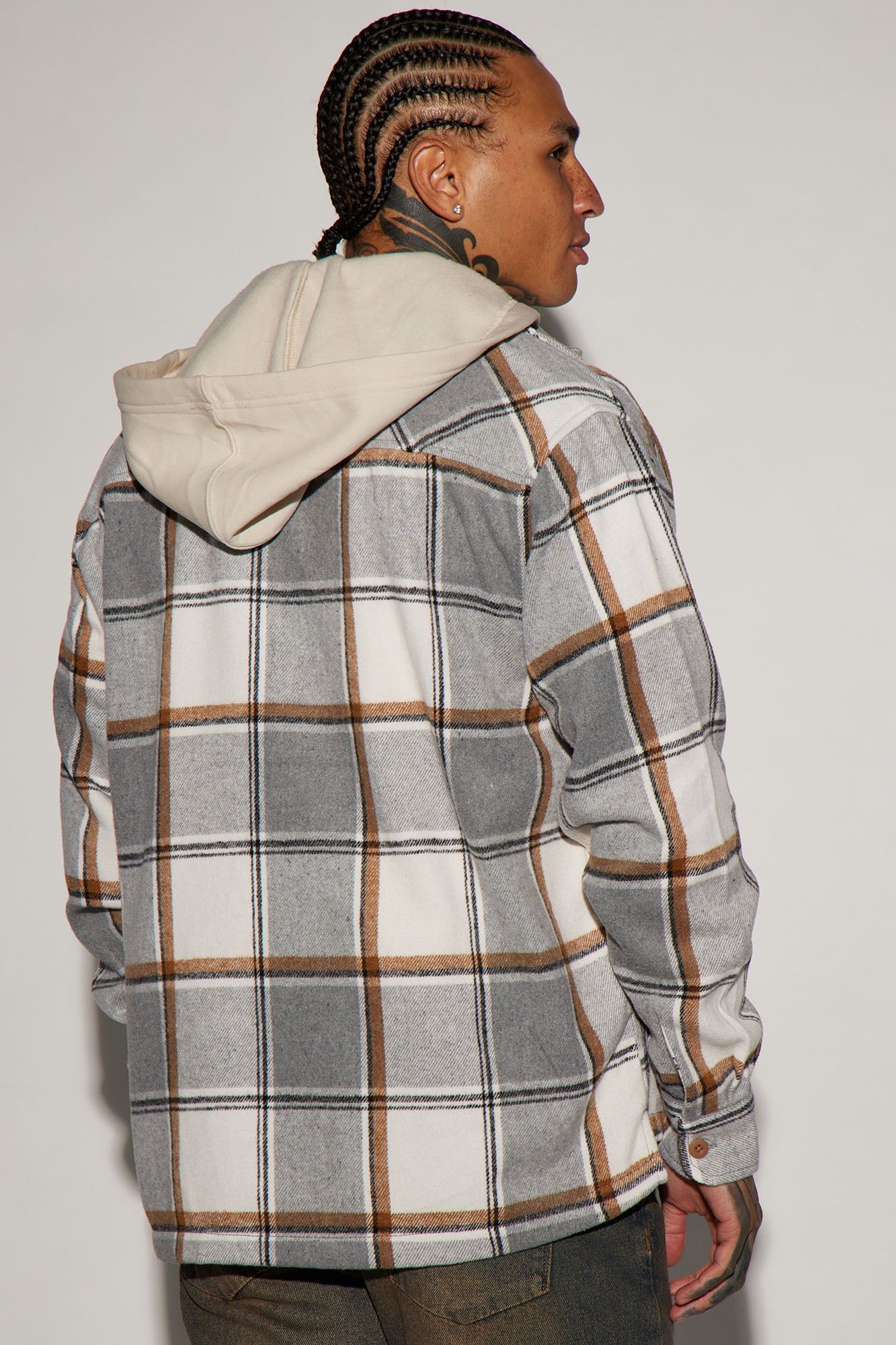 Take It Hooded Flannel Shacket - Grey/combo sold by Fashion Nova product image thumbnail 3