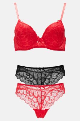 Switching Sides Bra and 2 Panty Set - Red/Black sold by Fashion Nova
