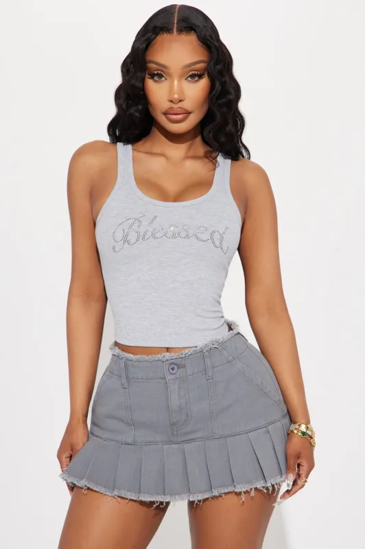 Always Blessed Rhinestone Ribbed Tank - Heather Grey sold by Fashion Nova
