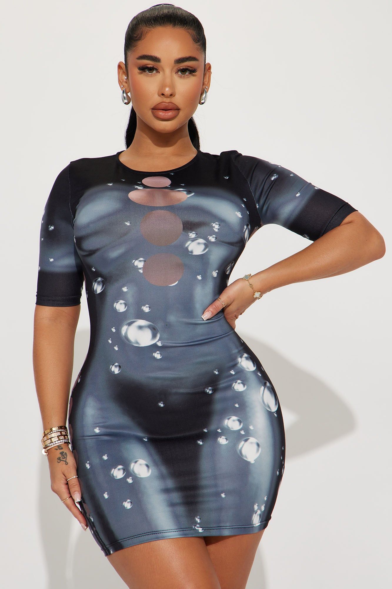 Drip Body Heat Mini Dress - Black/combo sold by Fashion Nova
