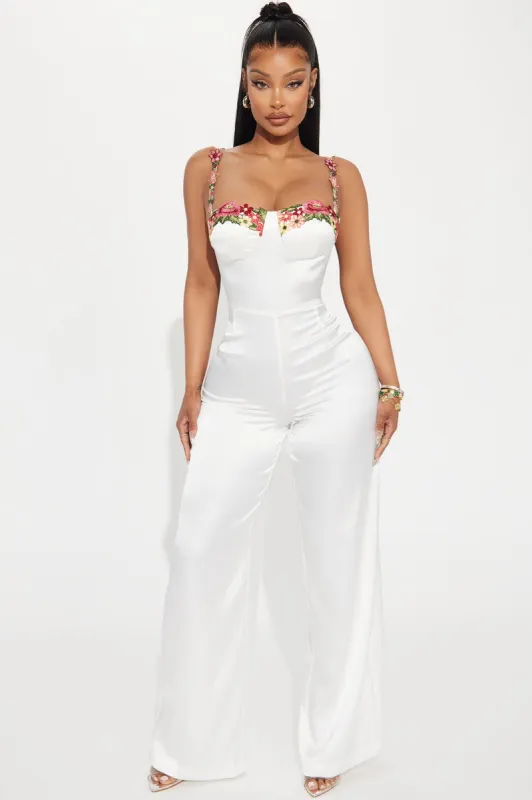 Evelyn Satin Jumpsuit - White sold by Fashion Nova