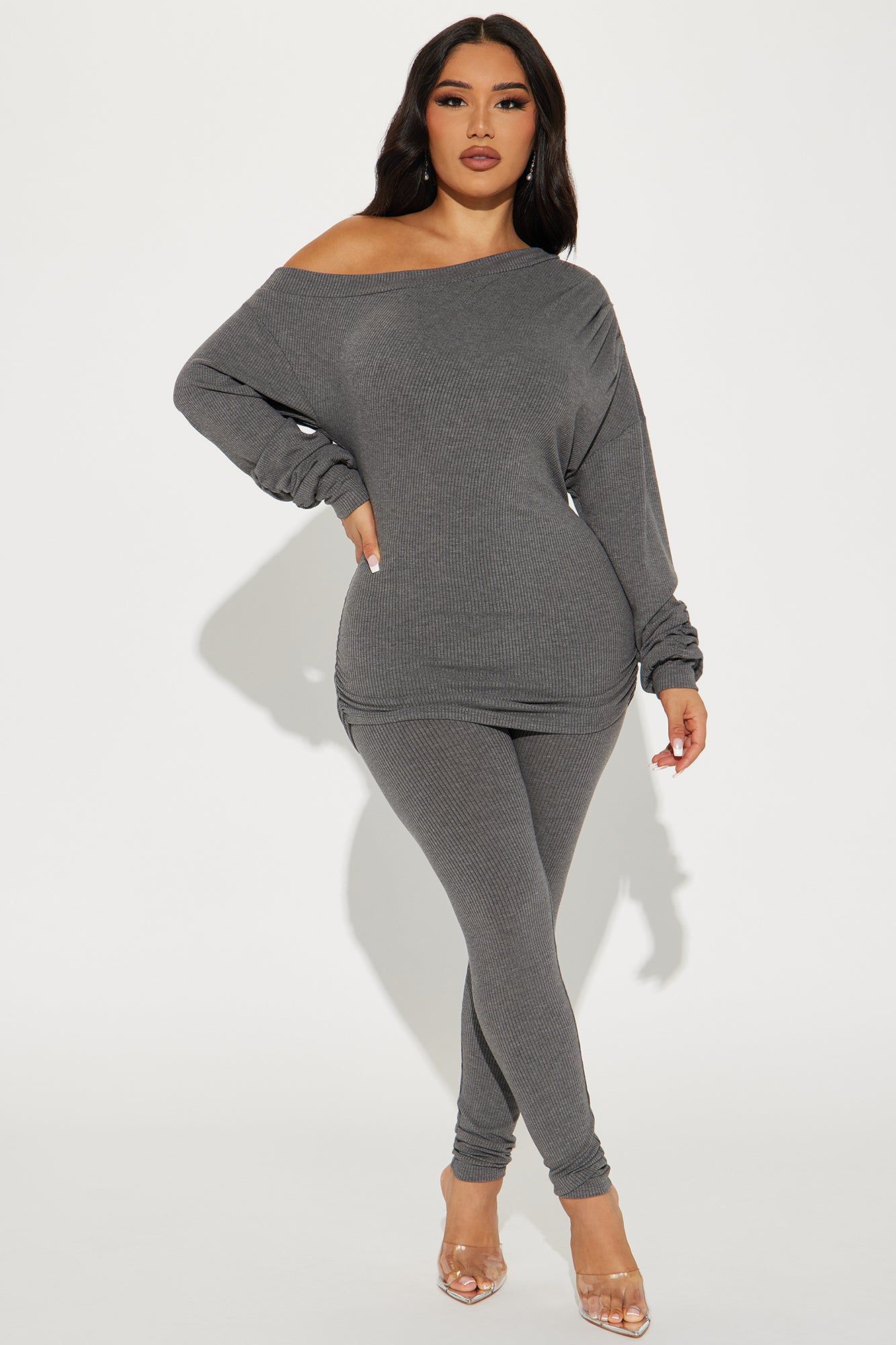 Taylor Off Shoulder Pant Set - Charcoal sold by Fashion Nova