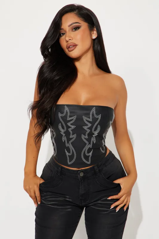Wild West Faux Leather Corset Top - Black sold by Fashion Nova