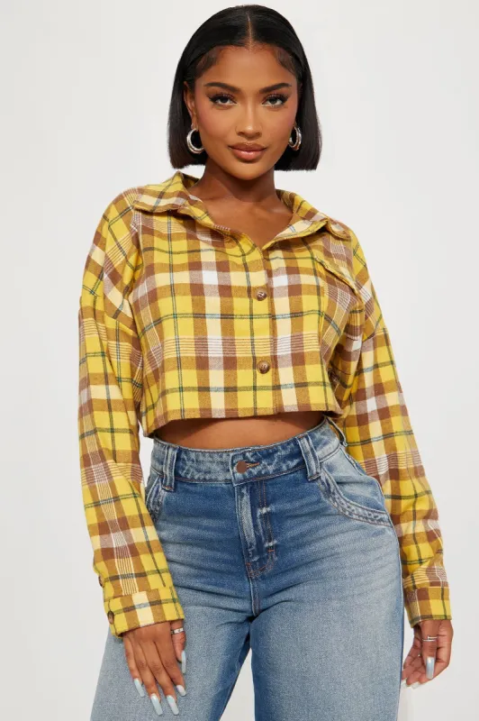Checked Out Plaid Shirt - Mustard sold by Fashion Nova