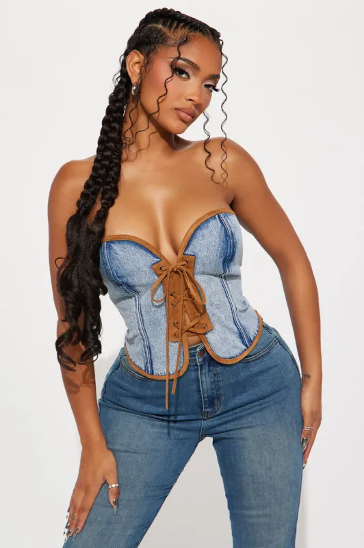Heartbreak Hotel Washed Corset Top - Acid Wash Blue sold by Fashion Nova