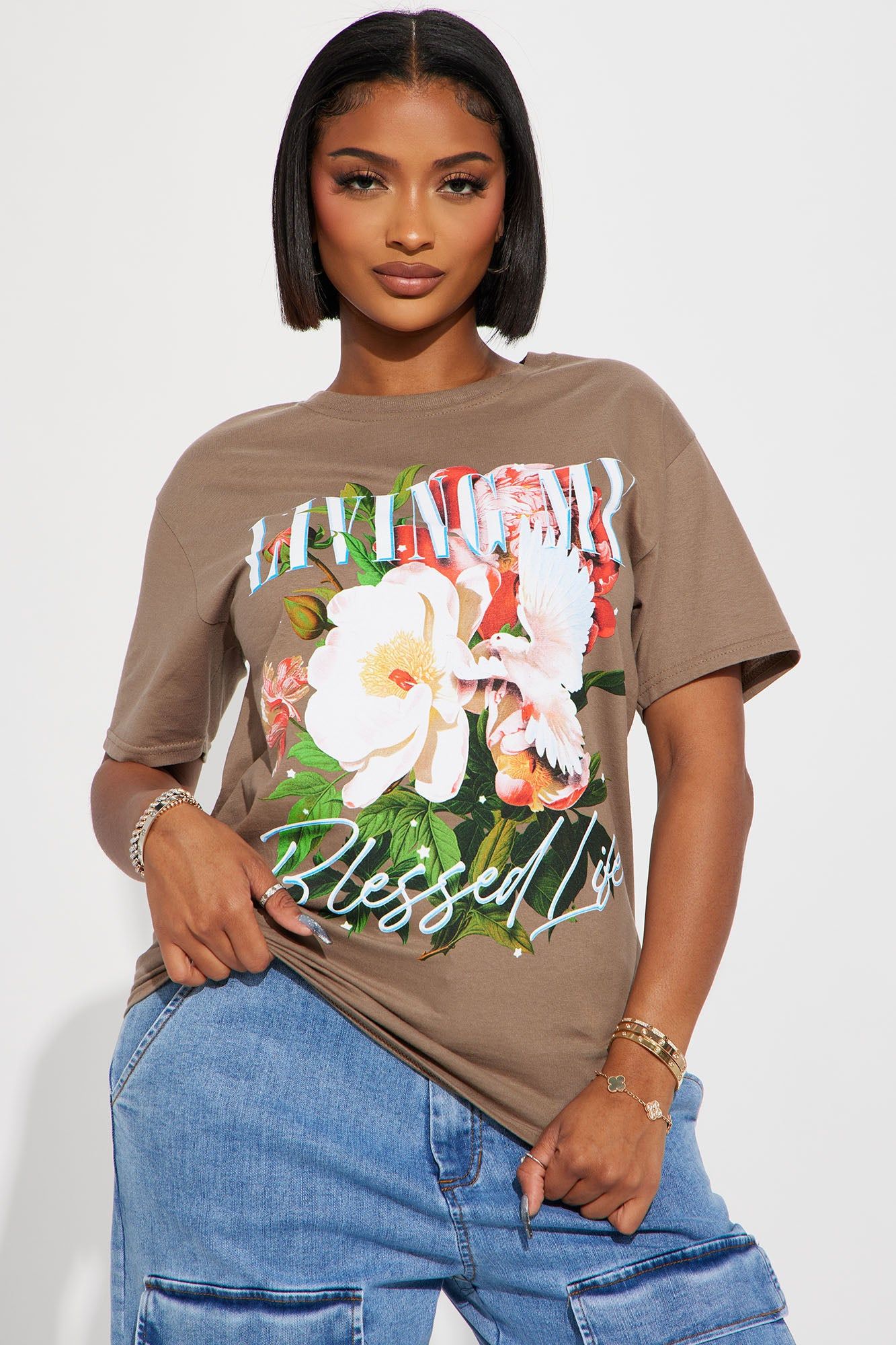 Living My Blessed Life Tee - Mocha sold by Fashion Nova