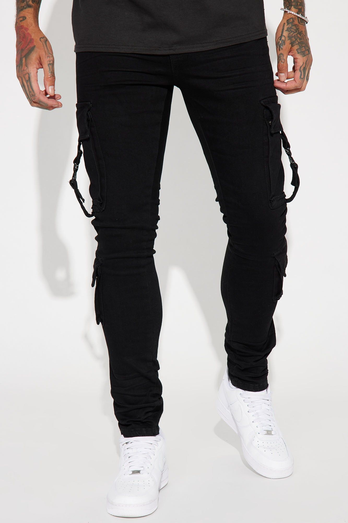 Hold On Cargo Stacked Skinny Jeans - Black sold by Fashion Nova