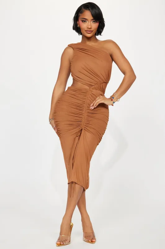 Amber Glow Mesh Midi Dress - Cognac sold by Fashion Nova