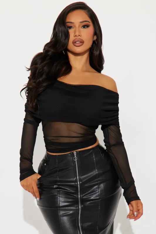 Gina Off Shoulder Mesh Top - Black sold by Fashion Nova