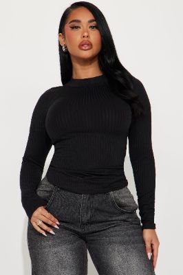 Rita Ribbed Long Sleeve Tee - Black made by Fashion Nova