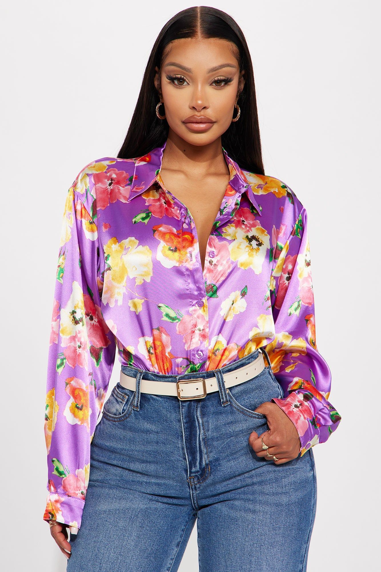 Growing Daily Satin Shirt - Purple sold by Fashion Nova