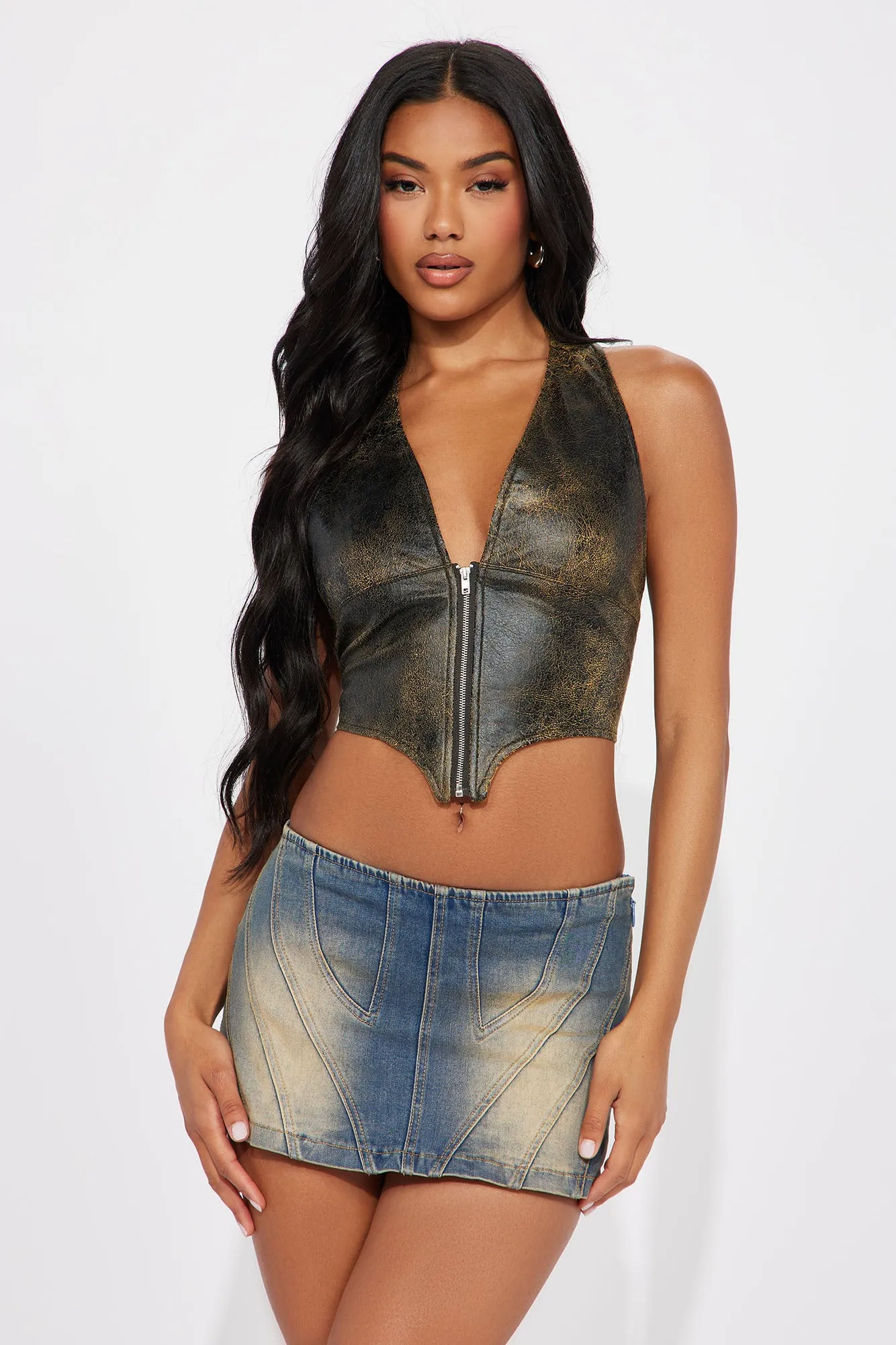 Rodeo Washed Faux Leather Top - Black/combo sold by Fashion Nova