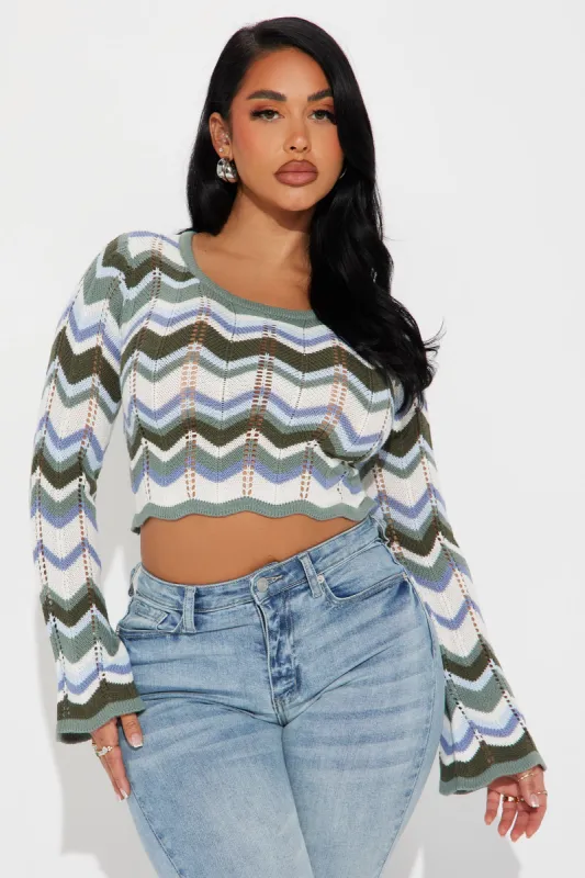 Aimee Chevron Bell Sleeve Sweater - Green/combo sold by Fashion Nova