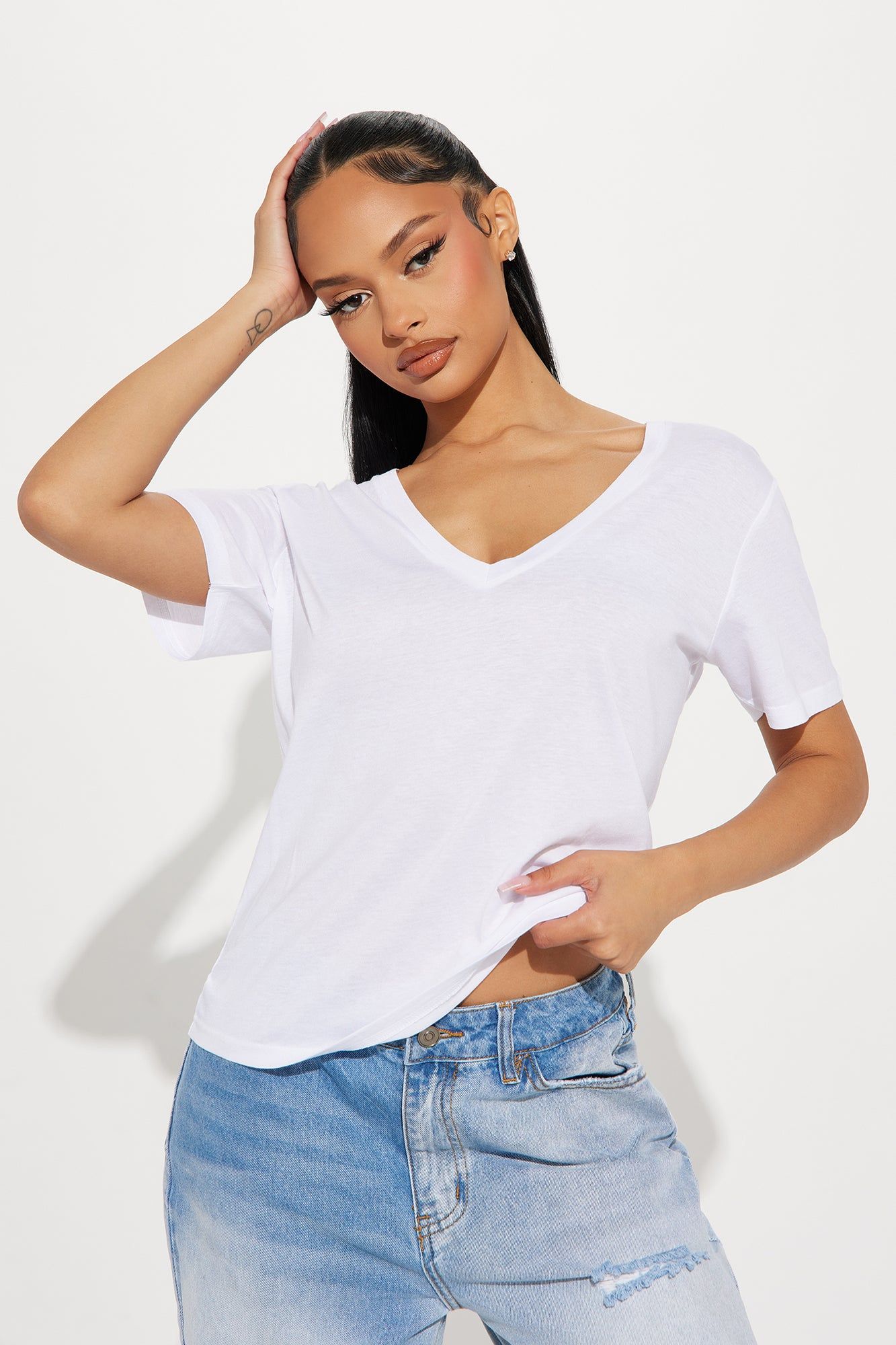 Ava V-Neck Tee - White sold by Fashion Nova