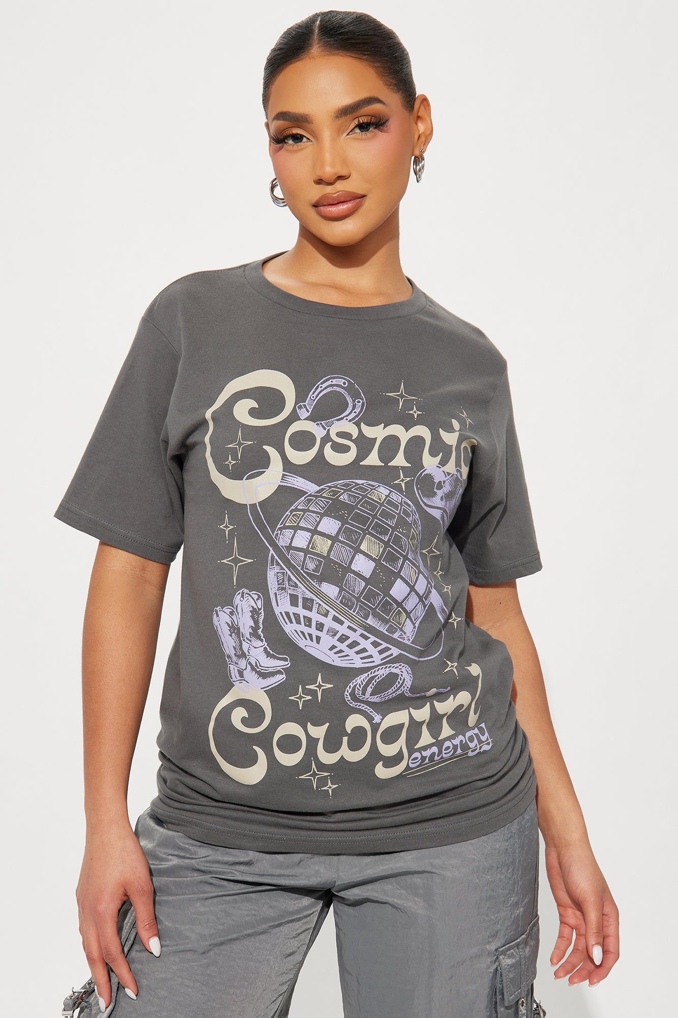 Cosmic Cowgirl Energy Tee - Charcoal sold by Fashion Nova