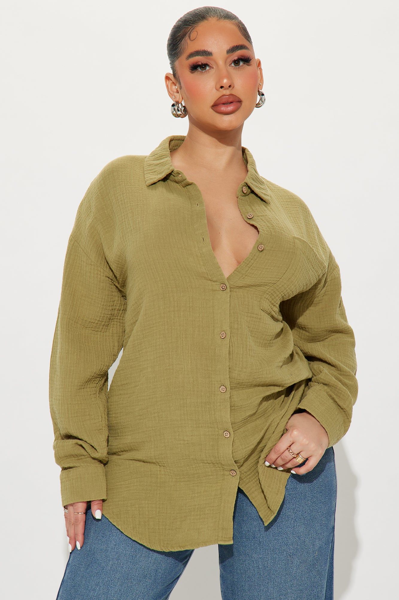 We The Walk Washed Shirt - Green sold by Fashion Nova