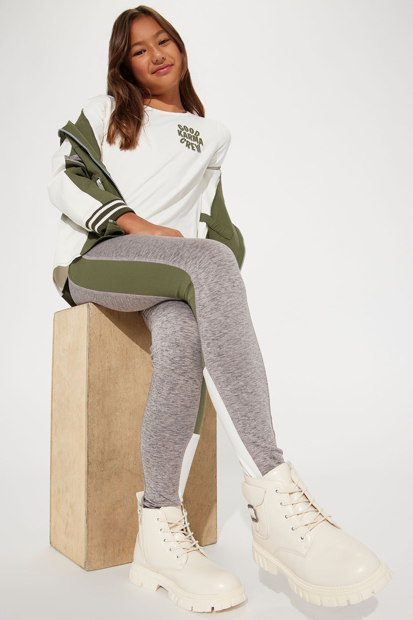 Mini Good Karma Crew 3 Piece Legging Set - Sage/combo sold by Fashion Nova