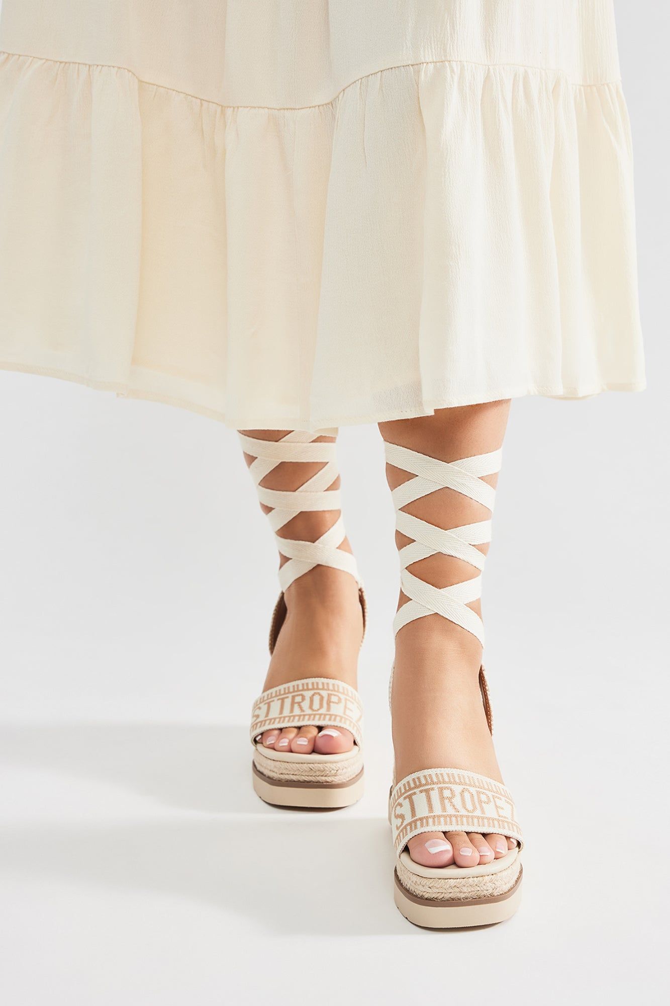 Any Time Any Place Wrap Up Wedges - Off White/combo sold by Fashion Nova product image thumbnail 2