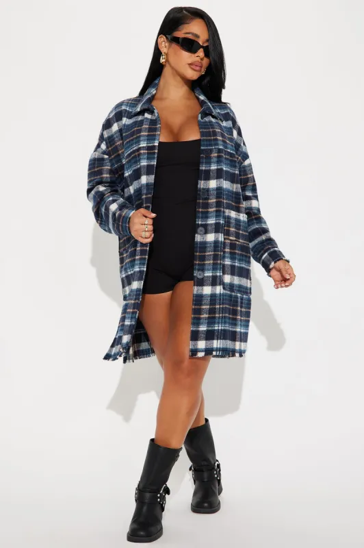 Never Plaid It So Good Shirt Jacket - Blue/combo sold by Fashion Nova