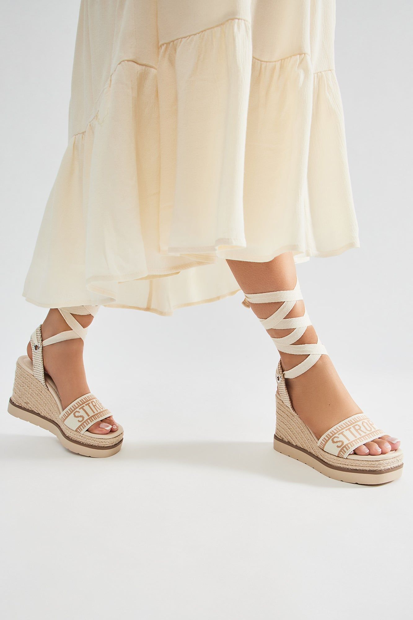 Any Time Any Place Wrap Up Wedges - Off White/combo sold by Fashion Nova product image thumbnail 4