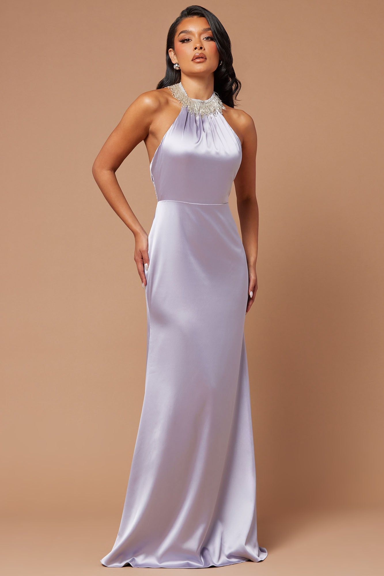 Rebekah Embellished Satin Gown - Grey sold by Fashion Nova