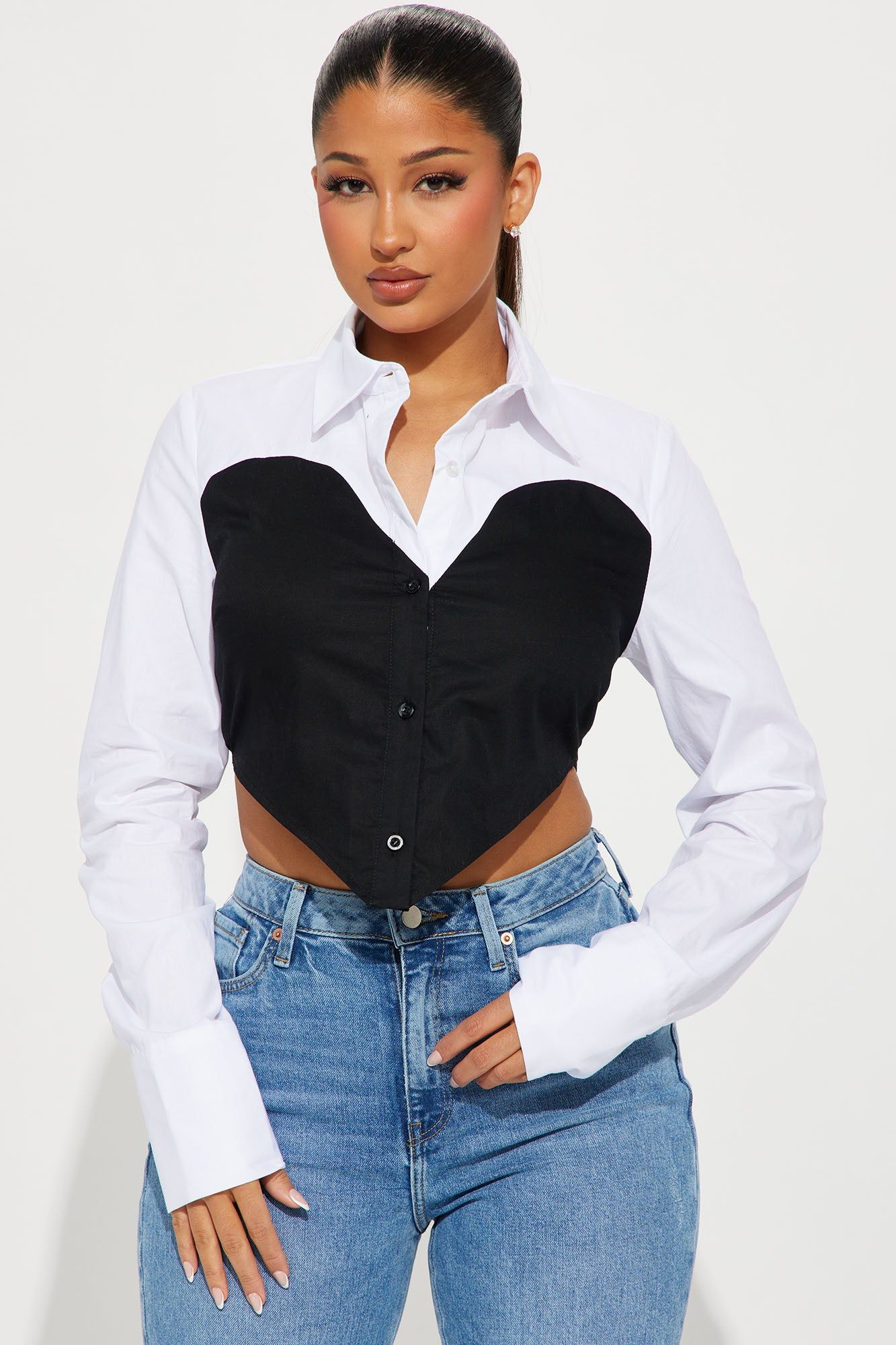 Heart On My Sleeve Shirt - Black/White sold by Fashion Nova