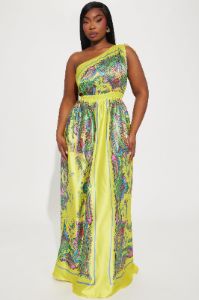 Nia Satin Maxi Dress - Yellow/combo sold by Fashion Nova