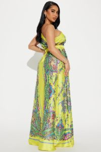 Nia Satin Maxi Dress - Yellow/combo sold by Fashion Nova