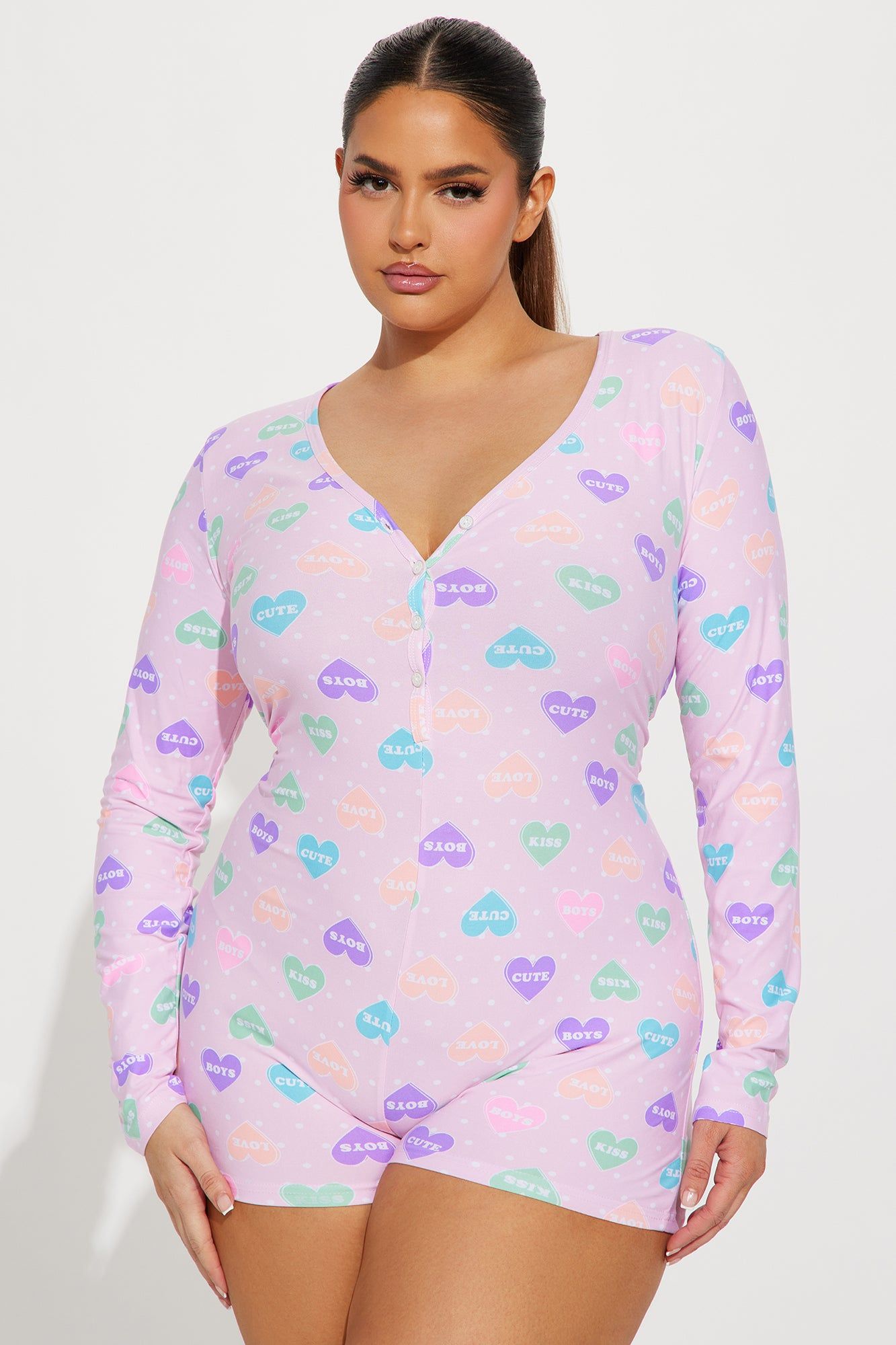 Candy Hearts Long Sleeve PJ Romper Onesie - Pink/combo sold by Fashion Nova product image thumbnail 3